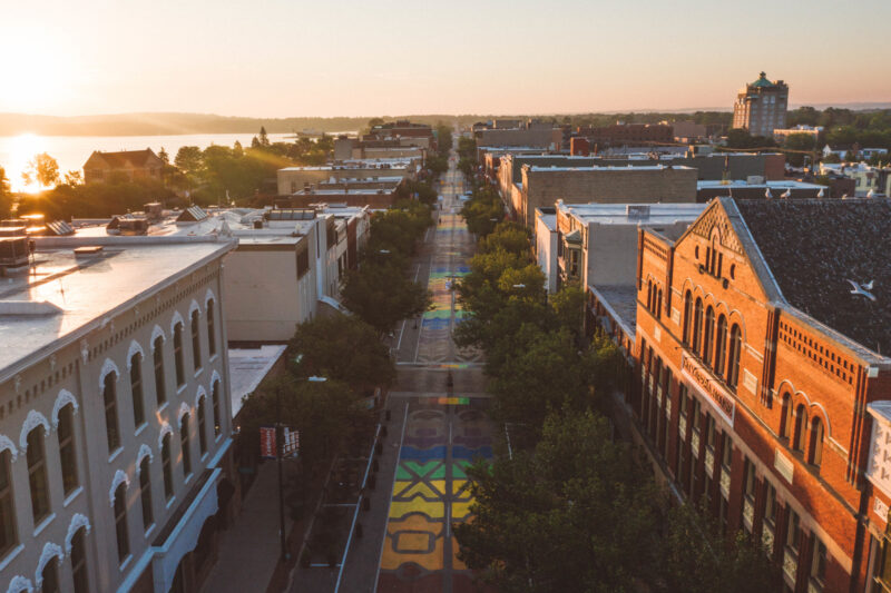 Aerial of Front Street in Downtown Traverse City
